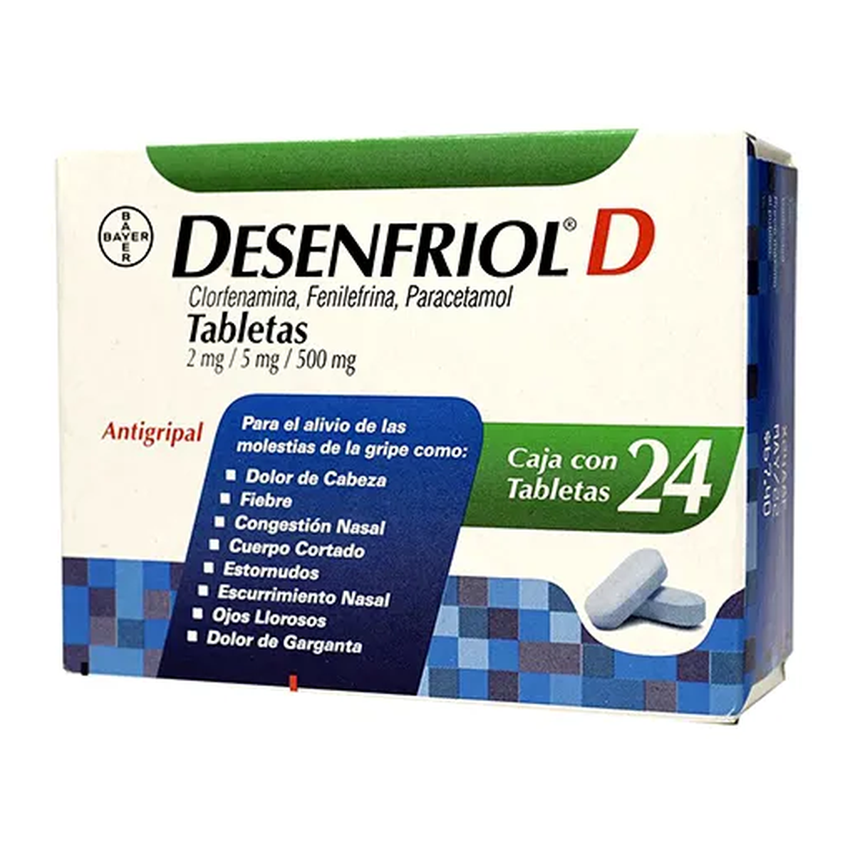 DESENFRIOL-D 2 mg/5 mg/500 mg 24 tabletas | Clorfenamina + Fenilefrina + Paracetamol
