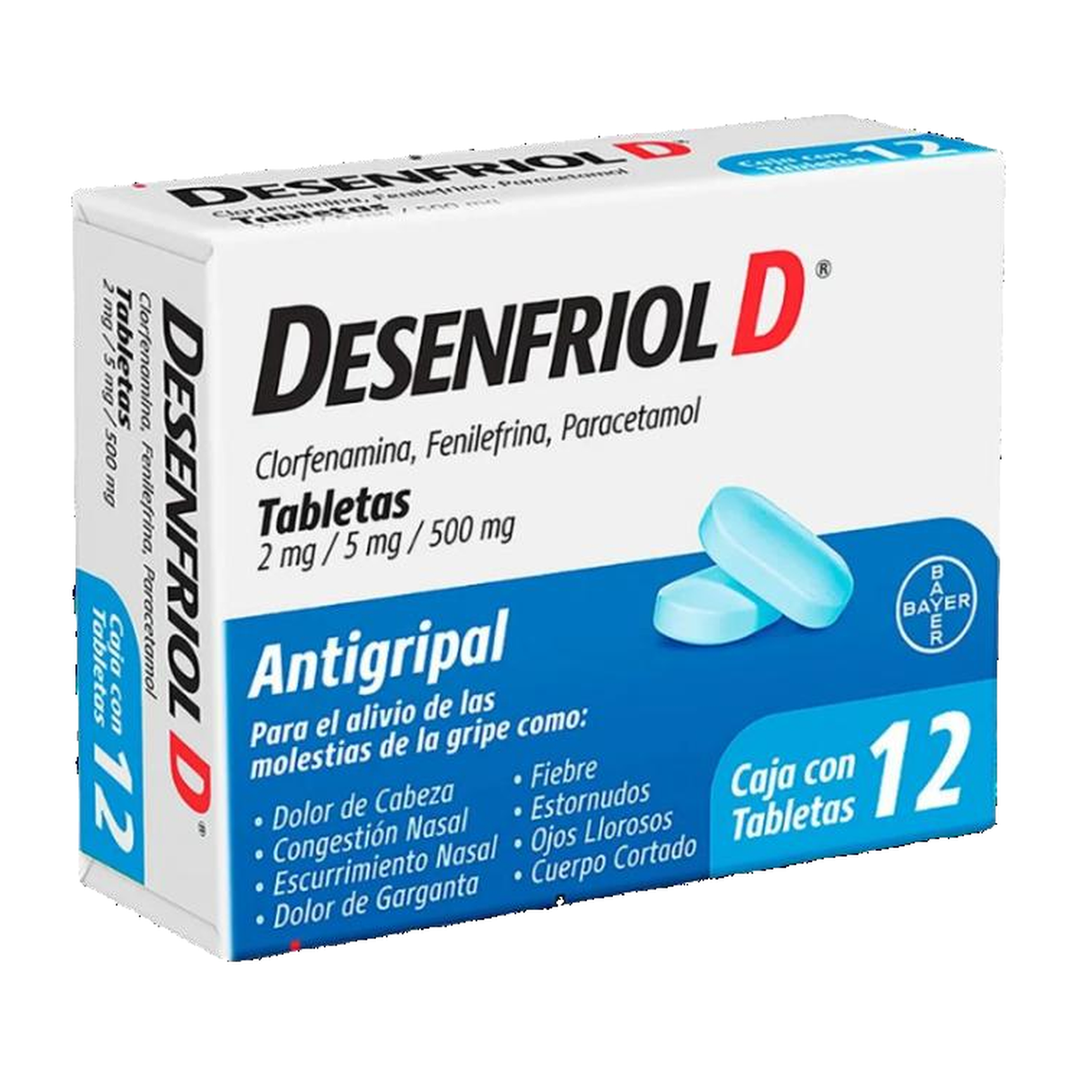DESENFRIOL-D 2 mg/5 mg/500 mg 12 tabletas | Clorfenamina + Fenilefrina + Paracetamol
